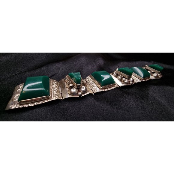 Vintage Taxco Signed Sterling Silver Bracelet With Green Onyx Stones 925 - Picture 3 of 5